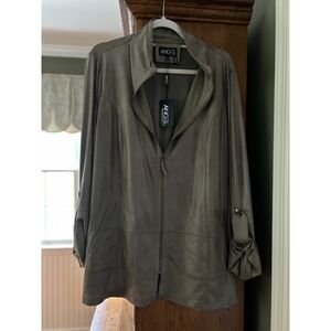 EUC Angel Apparel Soft Microfiber Zip Olive Jacket Roll Up Cuff Silver Accent 2X